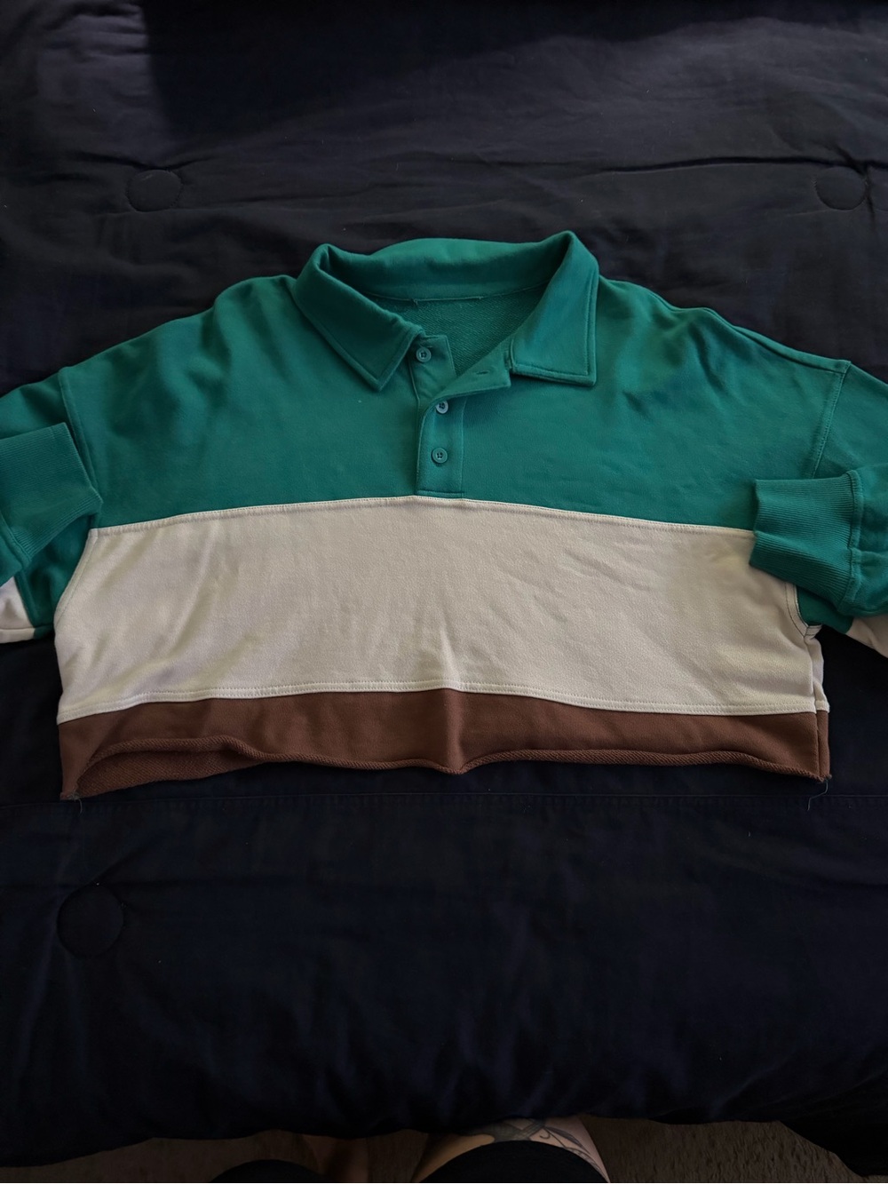 Green, beige & Brown Colorblock Polo crop Top